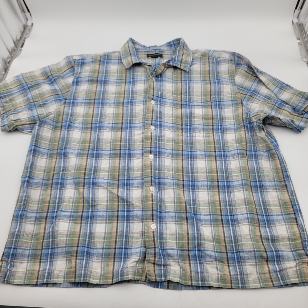 Eddie Bauer Mens XXL Relaxed Fit Linen Cotton Plaid Short Sleeve Button Up Shirt